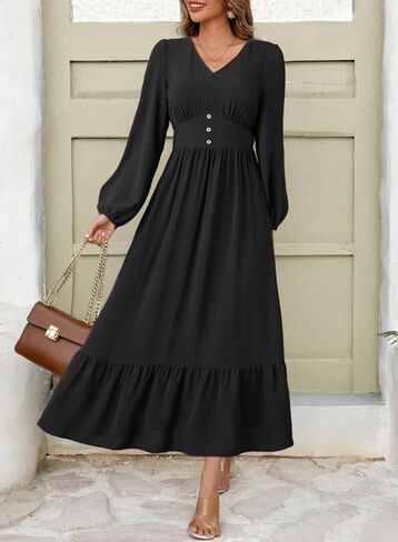 Dokotoo Womens Dresses Fashion 2025 Long Sleeve v Neck Maxi Dresses Elegant Nased Flowy Tiered Boho Beach Extivities in Kuwait