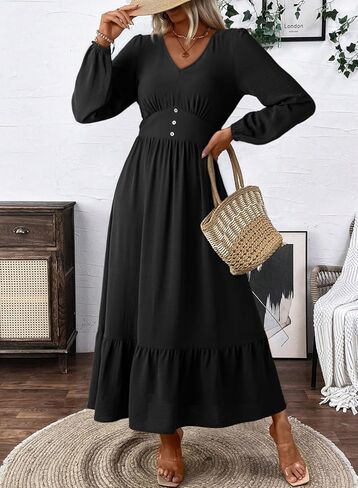 Dokotoo Womens Dresses Fashion 2025 Long Sleeve v Neck Maxi Dresses Elegant Nased Flowy Tiered Boho Beach Extivities in Kuwait