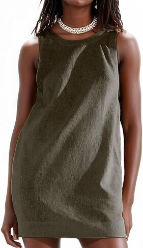 Womens Linen Mini Dress Beach Vacation Mini Overalls Dresses Crew Neck Sleeveless Summer Fashion Cute Clothes in Kuwait