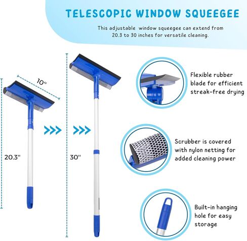 Window Squeegee for Home, 56'' Long Handle Shower Door Cleaner Tool, 2-in-1 Glass Scrubber for Car Windshield Cleaning in Kuwait