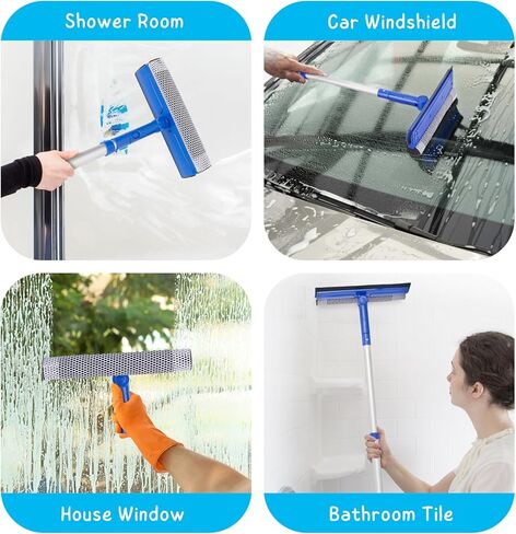 Window Squeegee for Home, 56'' Long Handle Shower Door Cleaner Tool, 2-in-1 Glass Scrubber for Car Windshield Cleaning in Kuwait