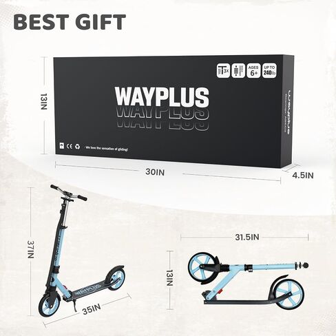 WAYPLUS KS1 Kick Scooter for Kids Ages 6+, Teens & Adults, 8IN Big Wheels, Foldable Scooter with Adjustable Handlebar, Front Suspension, Carry Strap, 240 lb Capacity, ABEC-9 Bearings | FED Fitness in Kuwait