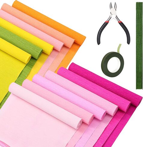 Leinuosen 12 Rolls 8 Feet Crepe Paper Sheets Rolls 10 Inch Crepe Paper Streamer 103 Pcs Floral Arrangement Kit Green Floral Tape Floral Wire Stems Wire Cutter for Wreath Flower Making(Elegant Colors) in Kuwait
