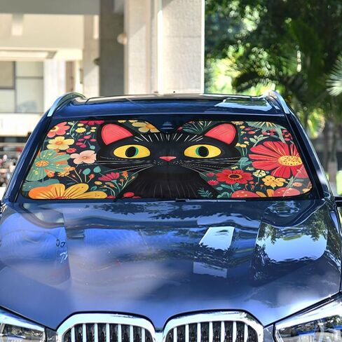 قطة أسود محاطة بزهور الزجاج الأمامي الكتل Sunshade الكتل UV قابلة للطي شمس الشمس الظل الأمامي إبقاء سيارتك بارد شمس القصب in Kuwait