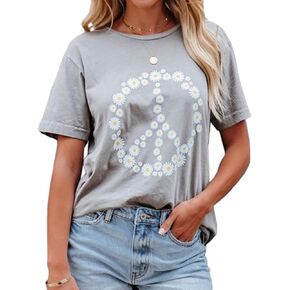 JeimPoey Women Peace Sign T-Shirt Flower Print Graphic Tees Daisy Pattern Floral Loose Novelty Shirts Short Sleeve in Kuwait