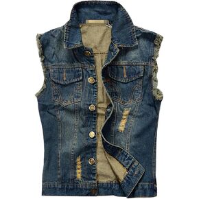 Denim Vest Men Casual Lapel Button Down Ripped Jean Vest Lightweight Vintage Distressed Sleeveless Jean Jacket Outerwear in Saudi Arabia