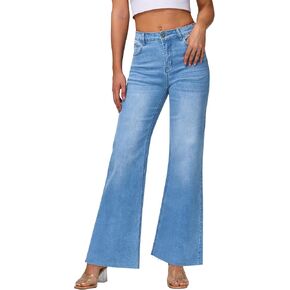 KDF Wide Leg Jeans for Woman Baggy Stretchy Loose Trendy Frayed Hem Denim Boyfriend Pants in Kuwait