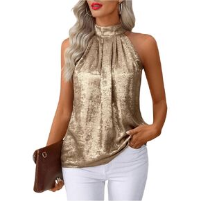 Women's Metallic Sleeveless Halter Tops Pleated Elegant Tank Top Casual Summer Work Shirts in Saudi Arabia