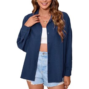 الزر النسائي لأسفل قميص كبير الحجم طويل الأكمام قمم شاش الطرز غير الرسمي بزر الصديق لأعلى قمصان بلوزة أنيقة الصيف in Kuwait