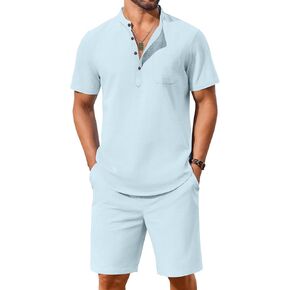 Coofandy Men's 2 قطعة من الكتان القطنية مجموعات شاطئ الصيف ملابس غير رسمية قصيرة الأكمام القمصان Henley وسروال العطلات in Kuwait