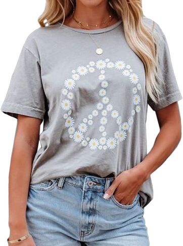 JeimPoey Women Peace Sign T-Shirt Flower Print Graphic Tees Daisy Pattern Floral Loose Novelty Shirts Short Sleeve in Kuwait
