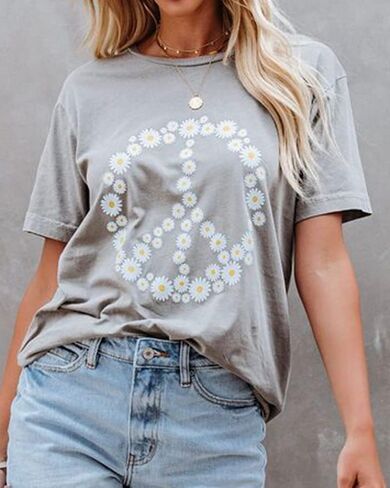 JeimPoey Women Peace Sign T-Shirt Flower Print Graphic Tees Daisy Pattern Floral Loose Novelty Shirts Short Sleeve in Kuwait