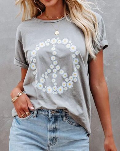 JeimPoey Women Peace Sign T-Shirt Flower Print Graphic Tees Daisy Pattern Floral Loose Novelty Shirts Short Sleeve in Kuwait