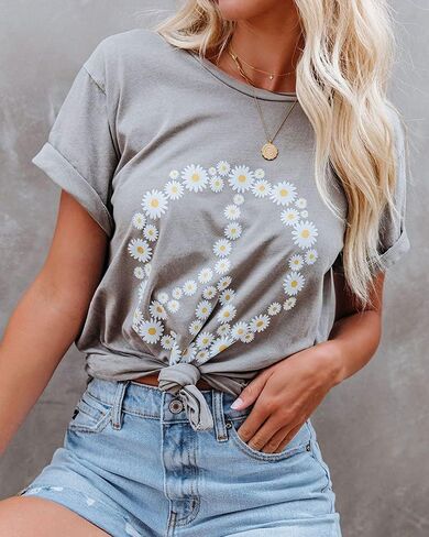JeimPoey Women Peace Sign T-Shirt Flower Print Graphic Tees Daisy Pattern Floral Loose Novelty Shirts Short Sleeve in Kuwait