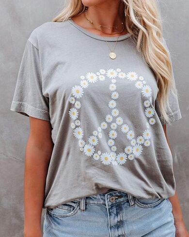 JeimPoey Women Peace Sign T-Shirt Flower Print Graphic Tees Daisy Pattern Floral Loose Novelty Shirts Short Sleeve in Kuwait