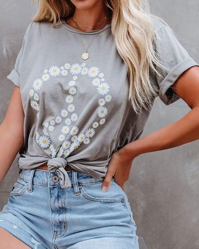JeimPoey Women Peace Sign T-Shirt Flower Print Graphic Tees Daisy Pattern Floral Loose Novelty Shirts Short Sleeve in Kuwait