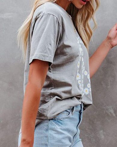 JeimPoey Women Peace Sign T-Shirt Flower Print Graphic Tees Daisy Pattern Floral Loose Novelty Shirts Short Sleeve in Kuwait