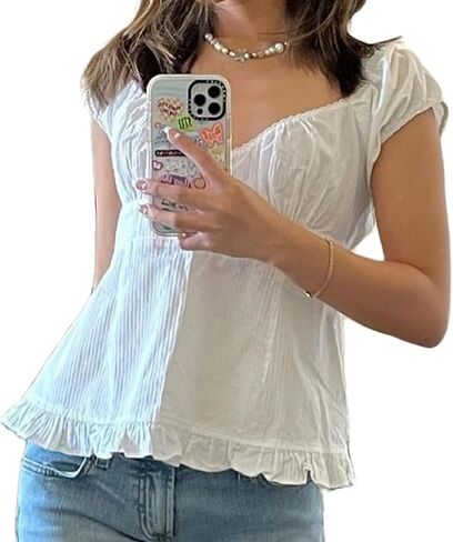 النساء y2k gingham top lace trim مغرفة رقبة قصيرة الأكمام tees الكشكش قميص الجمالية coquette الملابس in Kuwait