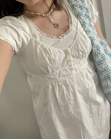 النساء y2k gingham top lace trim مغرفة رقبة قصيرة الأكمام tees الكشكش قميص الجمالية coquette الملابس in Kuwait