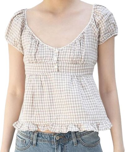 النساء y2k gingham top lace trim مغرفة رقبة قصيرة الأكمام tees الكشكش قميص الجمالية coquette الملابس in Kuwait