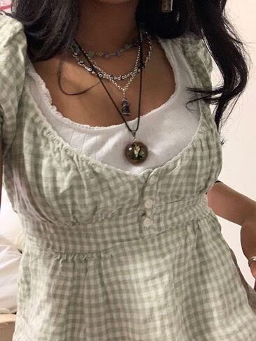 النساء y2k gingham top lace trim مغرفة رقبة قصيرة الأكمام tees الكشكش قميص الجمالية coquette الملابس in Kuwait