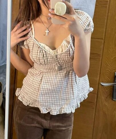 النساء y2k gingham top lace trim مغرفة رقبة قصيرة الأكمام tees الكشكش قميص الجمالية coquette الملابس in Kuwait