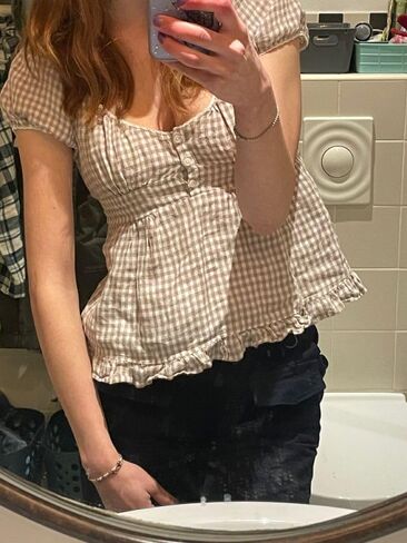 النساء y2k gingham top lace trim مغرفة رقبة قصيرة الأكمام tees الكشكش قميص الجمالية coquette الملابس in Kuwait