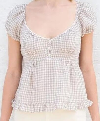 النساء y2k gingham top lace trim مغرفة رقبة قصيرة الأكمام tees الكشكش قميص الجمالية coquette الملابس in Kuwait