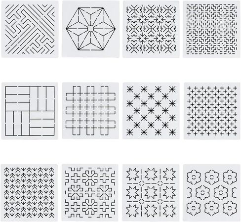 FREEBLOSS 12Pcs 5.5 * 5.5inch Plastic Sashiko Stencils Drawing Stencils Embroidery Patterns 12 Different Japanese Style Patterns Embroidery Templates for Hand Quilting in Kuwait