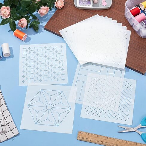 FREEBLOSS 12Pcs 5.5 * 5.5inch Plastic Sashiko Stencils Drawing Stencils Embroidery Patterns 12 Different Japanese Style Patterns Embroidery Templates for Hand Quilting in Kuwait