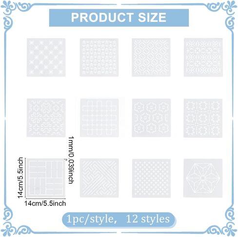 FREEBLOSS 12Pcs 5.5 * 5.5inch Plastic Sashiko Stencils Drawing Stencils Embroidery Patterns 12 Different Japanese Style Patterns Embroidery Templates for Hand Quilting in Kuwait
