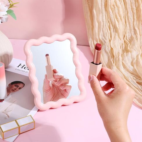 Wave-Shaped Makeup Mirror, Portable Folding Table Desk Mirror with Stand for Bedroom Living Room Travel-Friendly Home Decor Pink 6.7x5.3 Inch in Saudi Arabia