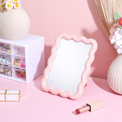 Wave-Shaped Makeup Mirror, Portable Folding Table Desk Mirror with Stand for Bedroom Living Room Travel-Friendly Home Decor Pink 6.7x5.3 Inch in Saudi Arabia