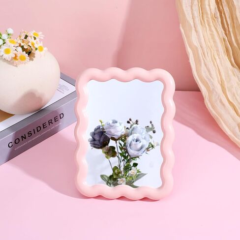 Wave-Shaped Makeup Mirror, Portable Folding Table Desk Mirror with Stand for Bedroom Living Room Travel-Friendly Home Decor Pink 6.7x5.3 Inch in Saudi Arabia