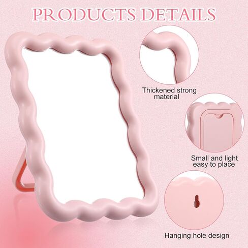 Wave-Shaped Makeup Mirror, Portable Folding Table Desk Mirror with Stand for Bedroom Living Room Travel-Friendly Home Decor Pink 6.7x5.3 Inch in Saudi Arabia