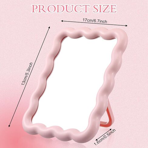 Wave-Shaped Makeup Mirror, Portable Folding Table Desk Mirror with Stand for Bedroom Living Room Travel-Friendly Home Decor Pink 6.7x5.3 Inch in Saudi Arabia
