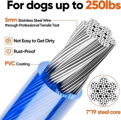 Tresbro 15FT Reflective Dog Tie Out Cable for Dogs Up to 250 Pounds, Steel Wire Dog Leash Cable with Stainless Rotatable Buckle, Lightweight and Enduring, Dog Chains Outside for Outdoor, Yard, Blue in Saudi Arabia