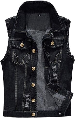 Denim Vest Men Casual Lapel Button Down Ripped Jean Vest Lightweight Vintage Distressed Sleeveless Jean Jacket Outerwear in Saudi Arabia