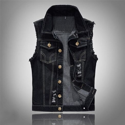Denim Vest Men Casual Lapel Button Down Ripped Jean Vest Lightweight Vintage Distressed Sleeveless Jean Jacket Outerwear in Saudi Arabia