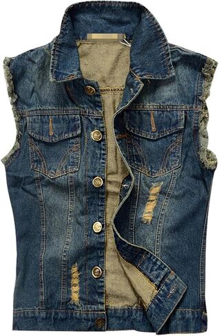 Denim Vest Men Casual Lapel Button Down Ripped Jean Vest Lightweight Vintage Distressed Sleeveless Jean Jacket Outerwear in Saudi Arabia