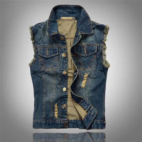 Denim Vest Men Casual Lapel Button Down Ripped Jean Vest Lightweight Vintage Distressed Sleeveless Jean Jacket Outerwear in Saudi Arabia