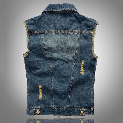 Denim Vest Men Casual Lapel Button Down Ripped Jean Vest Lightweight Vintage Distressed Sleeveless Jean Jacket Outerwear in Saudi Arabia