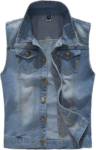Denim Vest Men Casual Lapel Button Down Ripped Jean Vest Lightweight Vintage Distressed Sleeveless Jean Jacket Outerwear in Saudi Arabia
