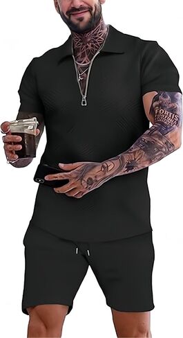 Men's Short Sets Outfits 2 Piece Fashion Summer Clothing Men 1/4 Zip Golf Polo Shirt Men's Casual Sportswear in Saudi Arabia