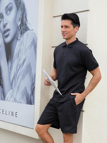 Men's Short Sets Outfits 2 Piece Fashion Summer Clothing Men 1/4 Zip Golf Polo Shirt Men's Casual Sportswear in Saudi Arabia