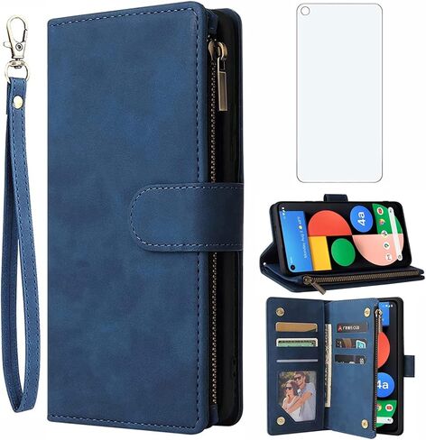 ASUWISH متوافق مع Google Pixel 4A 5G Wallet Case Glass Screen Protector و Plip Cover Cover Holder Cell Accessories Cell Classe for Pixel4A Pixle A4 2020 Women Men Black in Kuwait