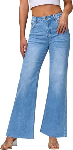 KDF Wide Leg Jeans for Woman Baggy Stretchy Loose Trendy Frayed Hem Denim Boyfriend Pants in Kuwait