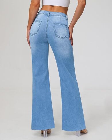 KDF Wide Leg Jeans for Woman Baggy Stretchy Loose Trendy Frayed Hem Denim Boyfriend Pants in Kuwait