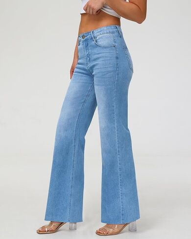 KDF Wide Leg Jeans for Woman Baggy Stretchy Loose Trendy Frayed Hem Denim Boyfriend Pants in Kuwait