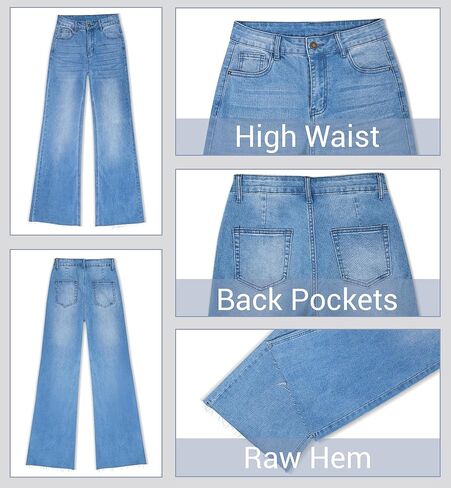 KDF Wide Leg Jeans for Woman Baggy Stretchy Loose Trendy Frayed Hem Denim Boyfriend Pants in Kuwait